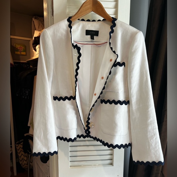 J. Crew White Lady Linen Jacket with Black Rick Rack Scallop Trim - Picture 6 of 10